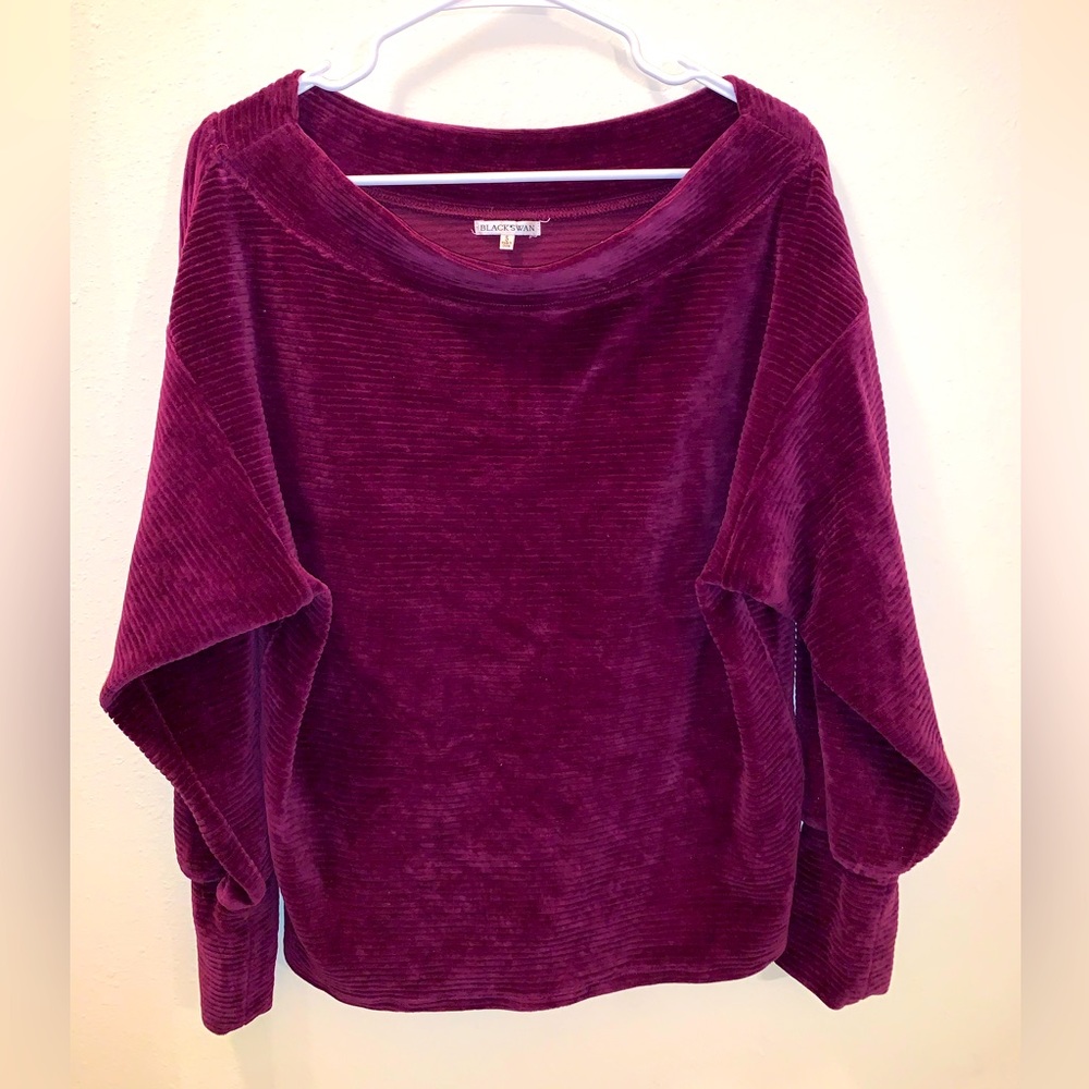 (S) Vintage Black Swan Velvet Pullover Off-the-Shoulder Sweater Long Sleeve